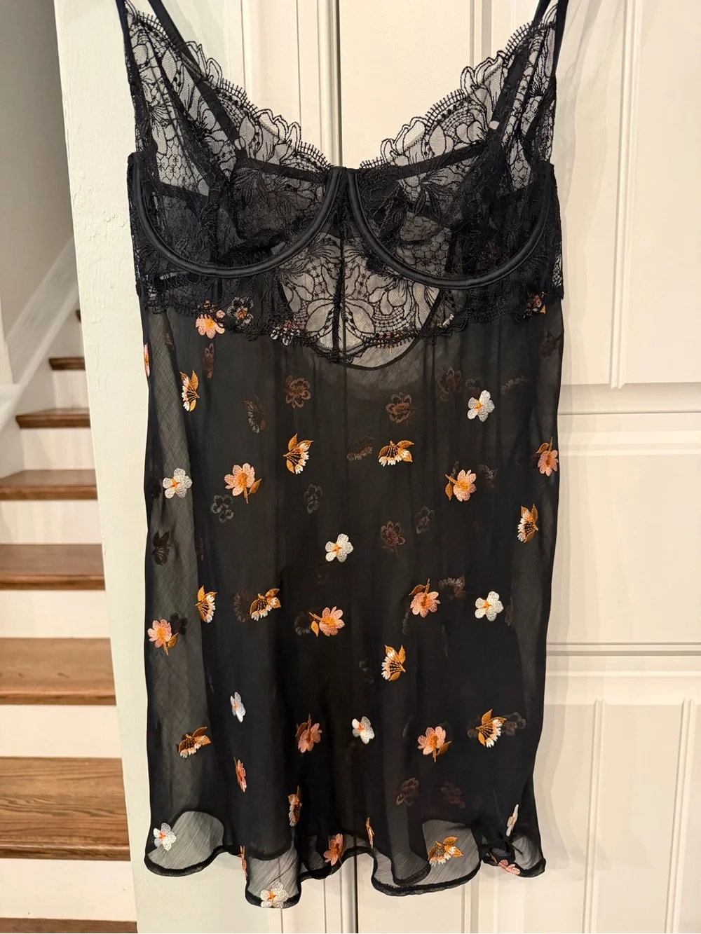 Victoria’s Secret Floral Embroidered Lace Babydoll Chemise XL Black Mesh